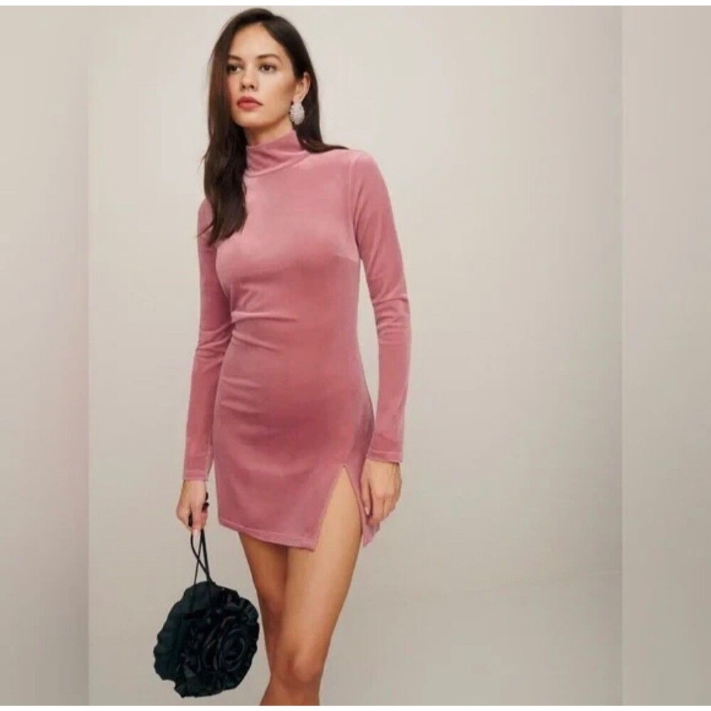 REFORMATION Libra Velvet Pink Mini Dress Mock Neck Long Sleeve Women Size Small
